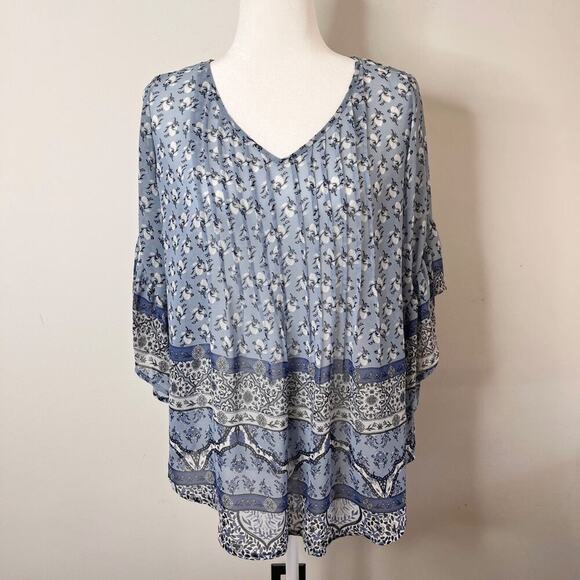 Style & Co Women's Top S Peasant Retro Scarf Print Pintuck Pleated Blue Sheer - Picture 2 of 10